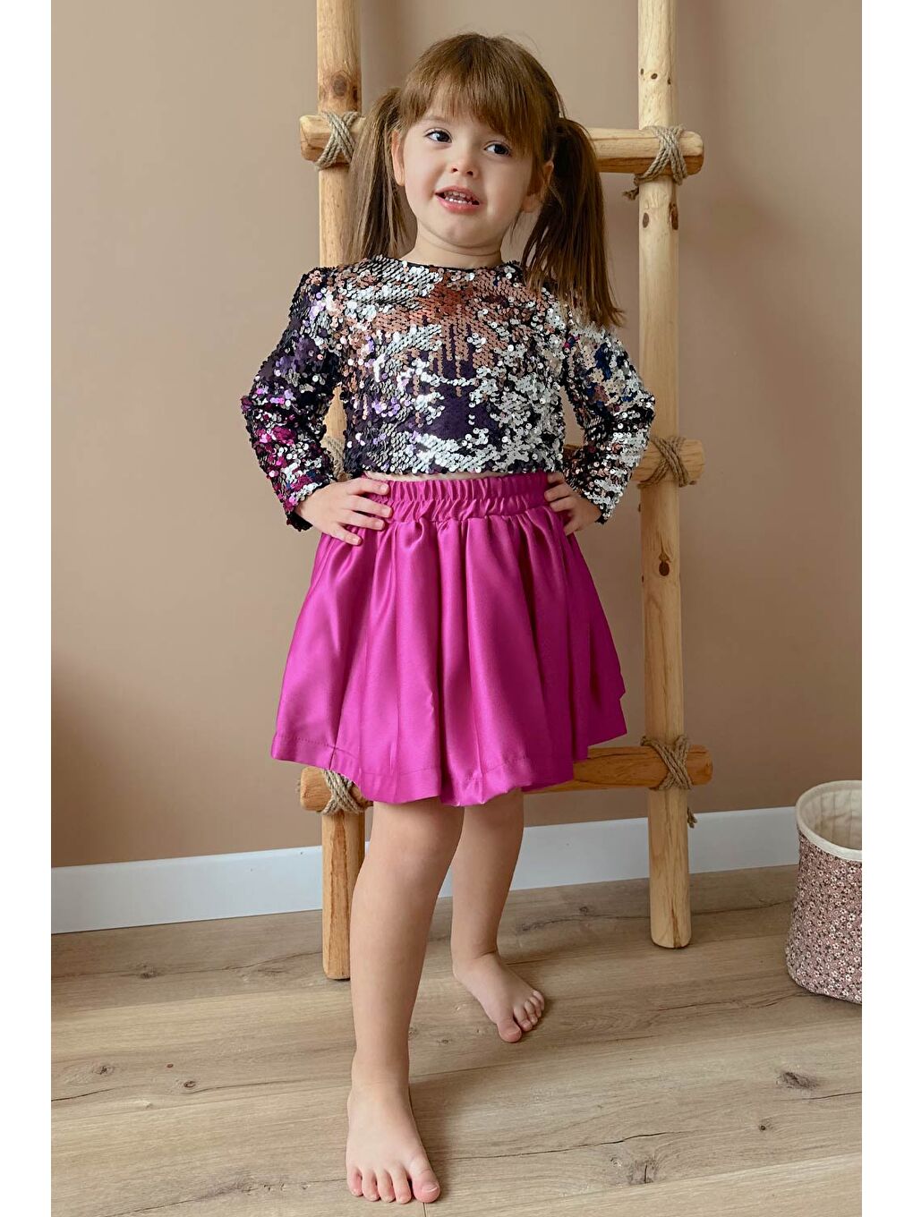 Fuşya Payetli Etek Crop Kız Çocuk İkili Takım - Beatrice-3