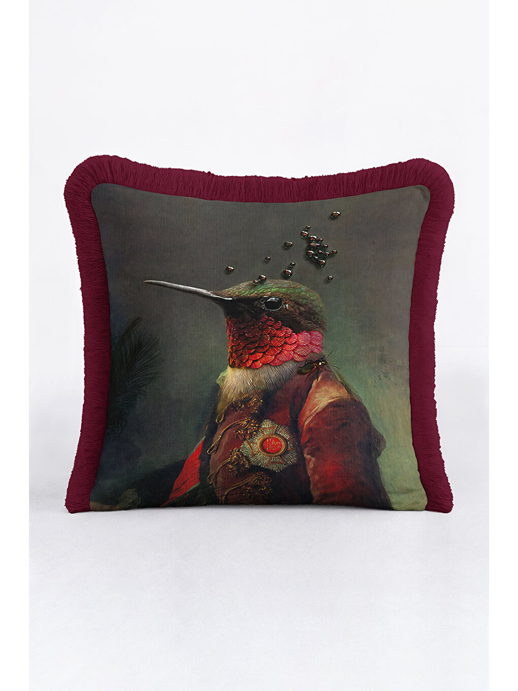 Karışık Avangart Kuş Portre Saçaklı Yastık Kılıfı - Viktoryen Lüks Retro Bordo Püsküllü Kırlent Kılıfı-1