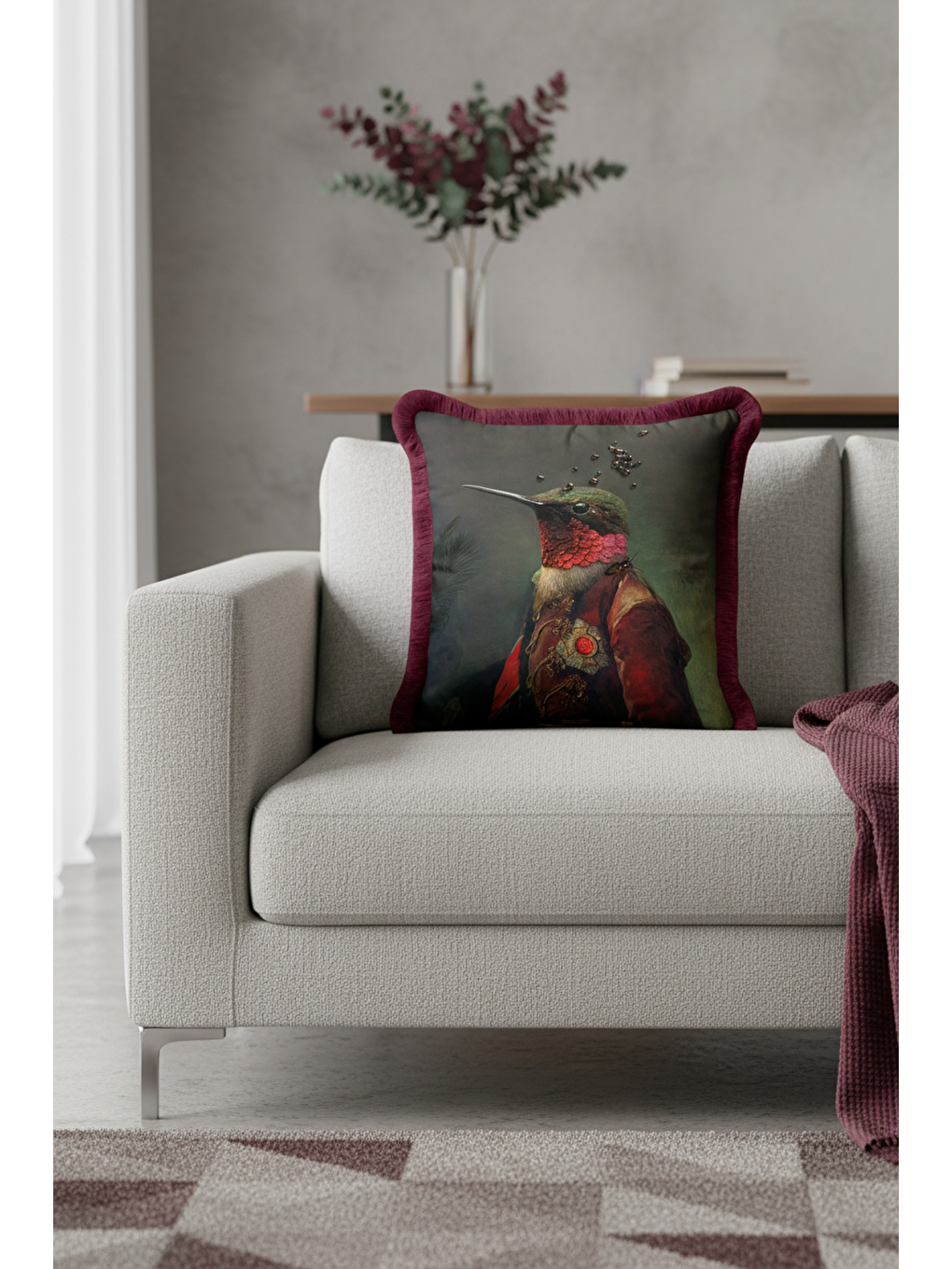 Karışık Avangart Kuş Portre Saçaklı Yastık Kılıfı - Viktoryen Lüks Retro Bordo Püsküllü Kırlent Kılıfı-2