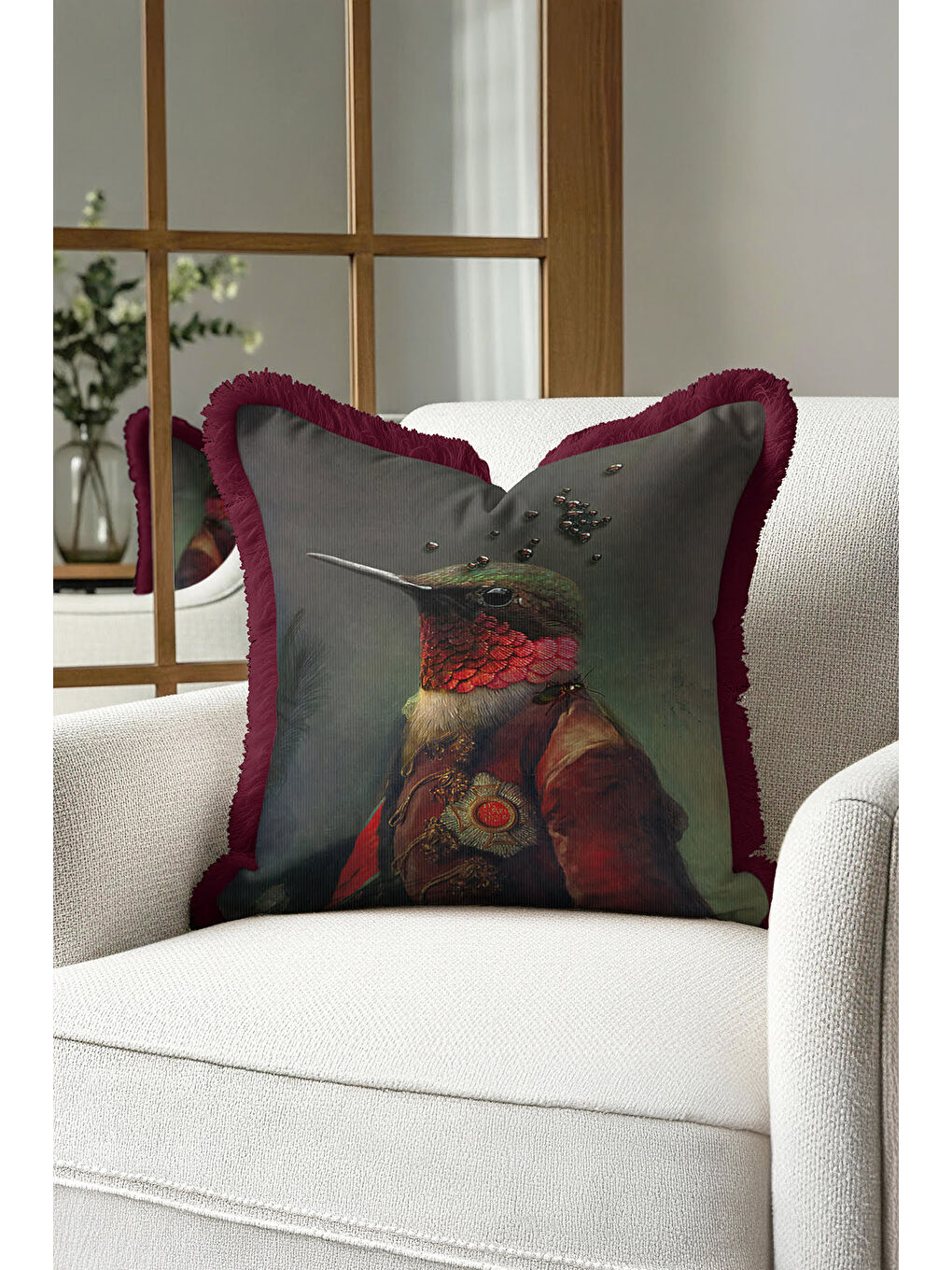 Karışık Avangart Kuş Portre Saçaklı Yastık Kılıfı - Viktoryen Lüks Retro Bordo Püsküllü Kırlent Kılıfı-3