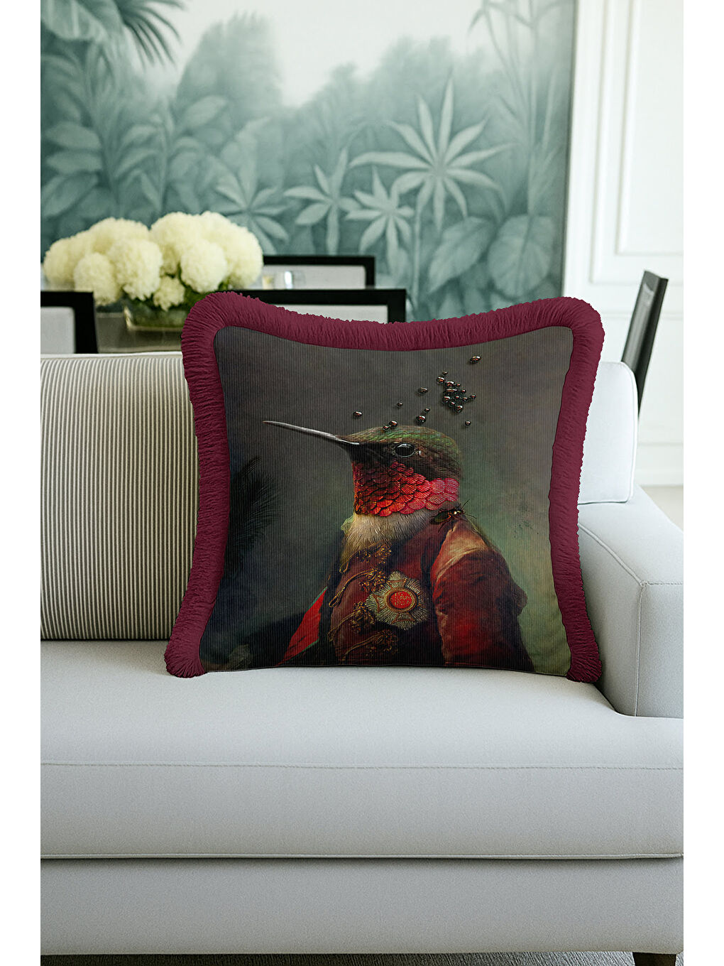 Karışık Avangart Kuş Portre Saçaklı Yastık Kılıfı - Viktoryen Lüks Retro Bordo Püsküllü Kırlent Kılıfı-4