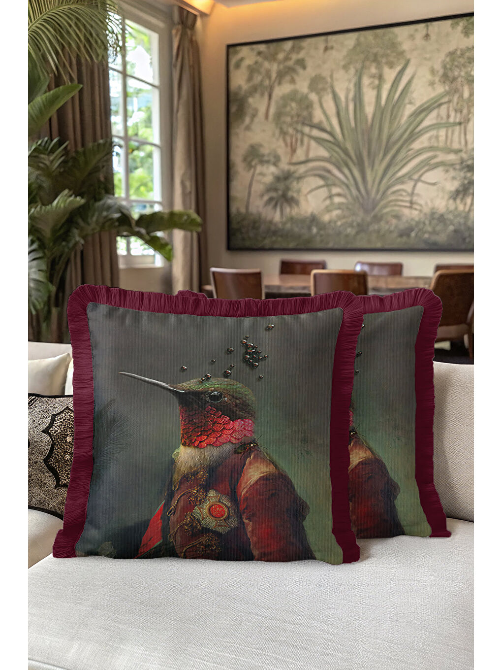 Karışık Avangart Kuş Portre Saçaklı Yastık Kılıfı - Viktoryen Lüks Retro Bordo Püsküllü Kırlent Kılıfı-5