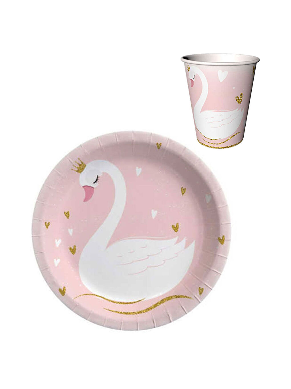 Pembe Pudra Kuğu 8'li Karton Bardak Tabak Set