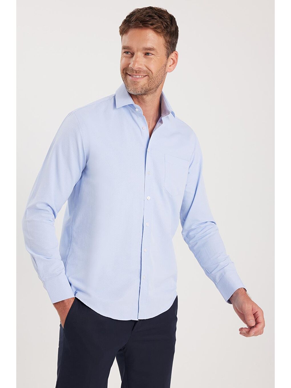 Erkek Regular Fit Klasik Kesim Desenli Mavi Gömlek-3