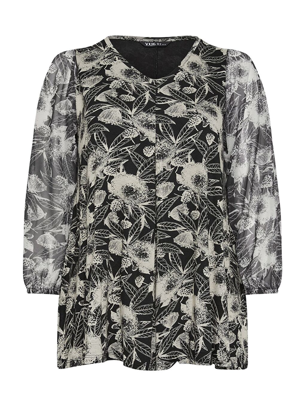 Siyah Büyük Beden Uzun Kolları Tül Detaylı Pileli V Yaka Bluz 303115-4