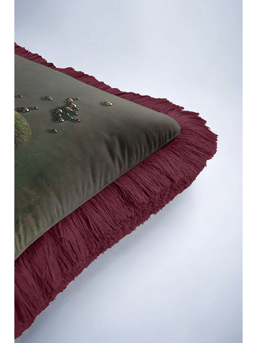 Karışık Avangart Kuş Portre Saçaklı Yastık Kılıfı - Viktoryen Lüks Retro Bordo Püsküllü Kırlent Kılıfı-6