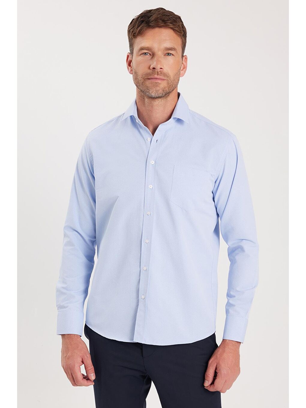 Erkek Regular Fit Klasik Kesim Desenli Mavi Gömlek-4