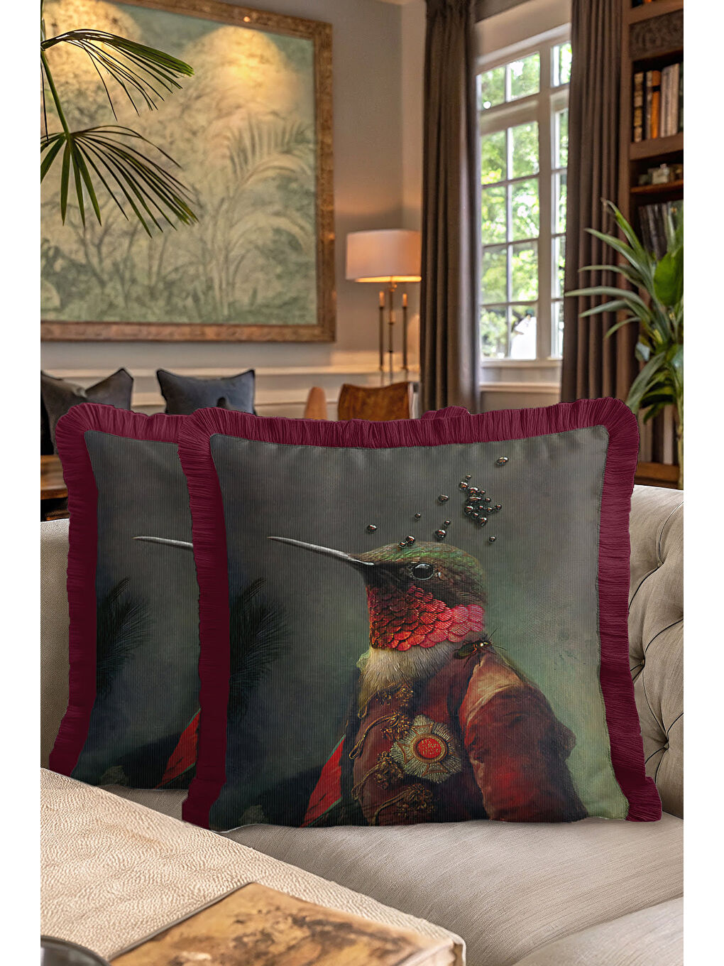 Karışık Avangart Kuş Portre Saçaklı Yastık Kılıfı - Viktoryen Lüks Retro Bordo Püsküllü Kırlent Kılıfı-7