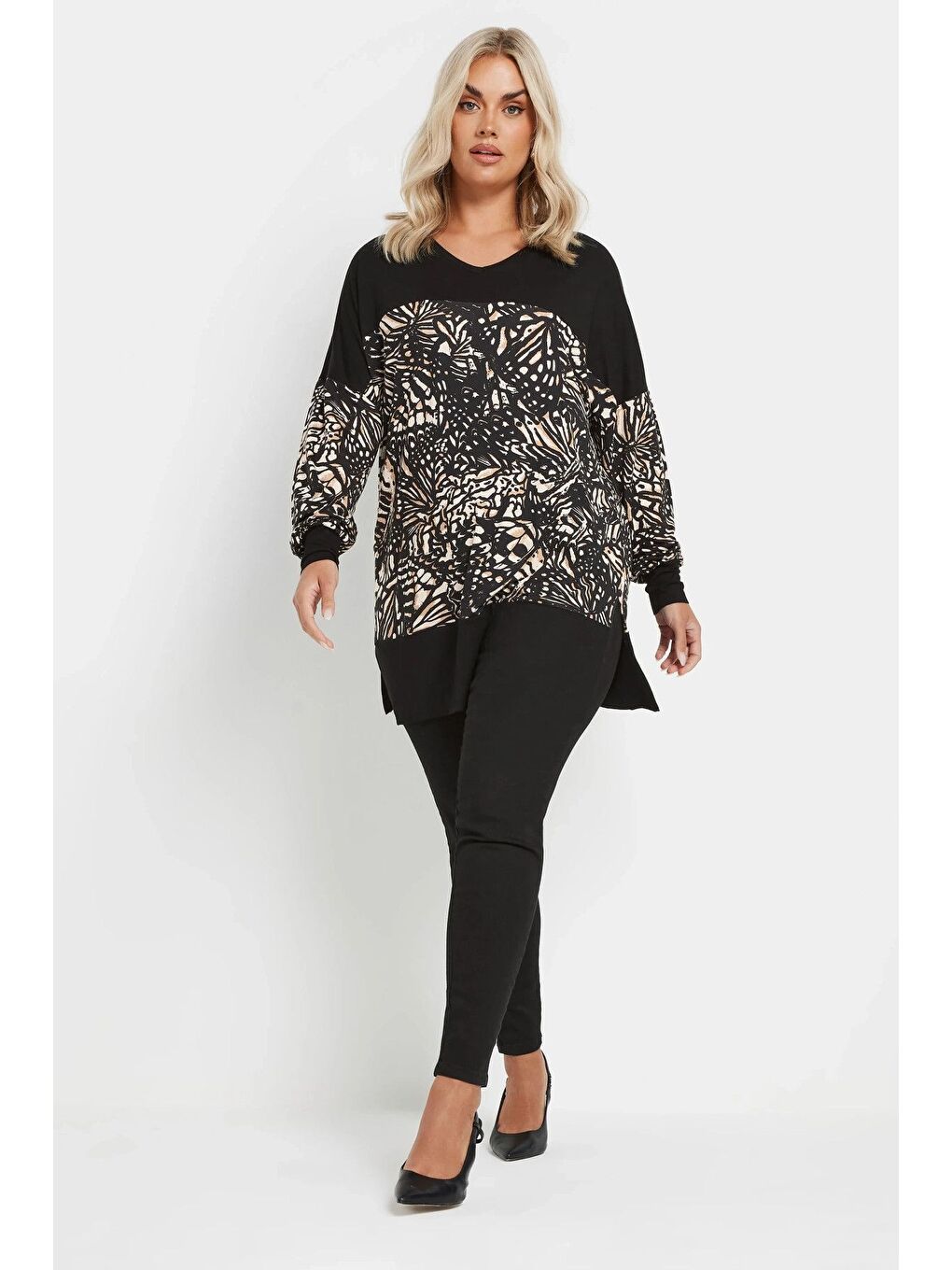 Siyah Büyük Beden V Yaka Uzun Kollu Bileği Lastikli Yırtmaçlı Bluz 303724-3