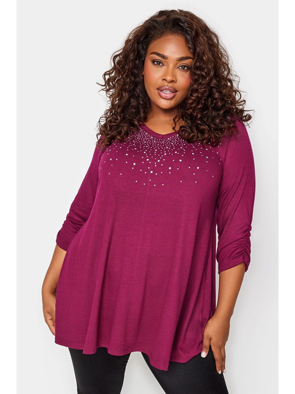 Pembe Büyük Beden V Yaka Zımbalı Yarım Kollu Bluz 285017