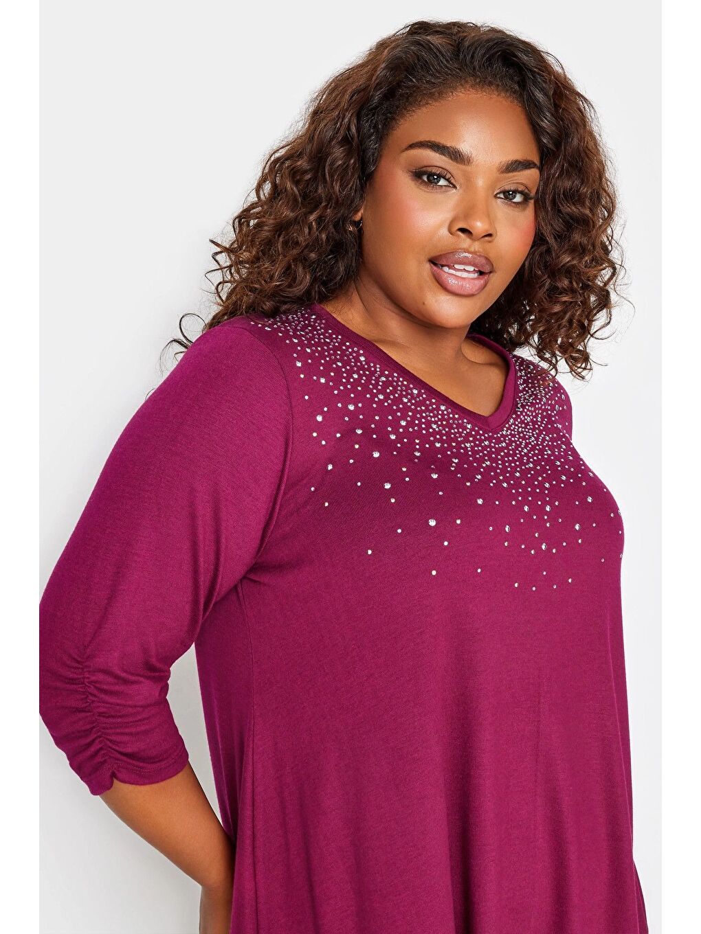 Pembe Büyük Beden V Yaka Zımbalı Yarım Kollu Bluz 285017-1