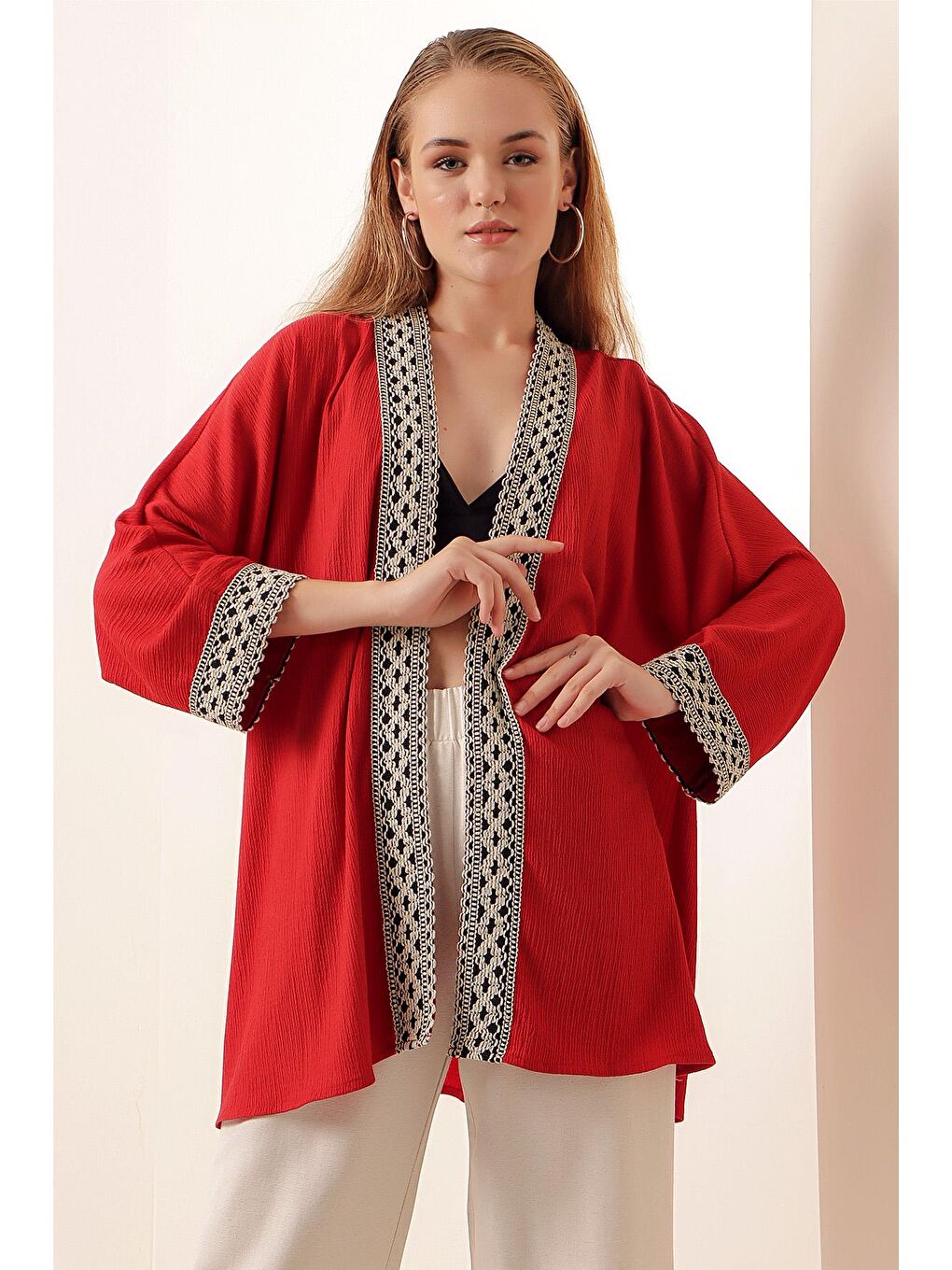 Bigdart 05866 Nakışlı Örme Kimono - Kırmızı