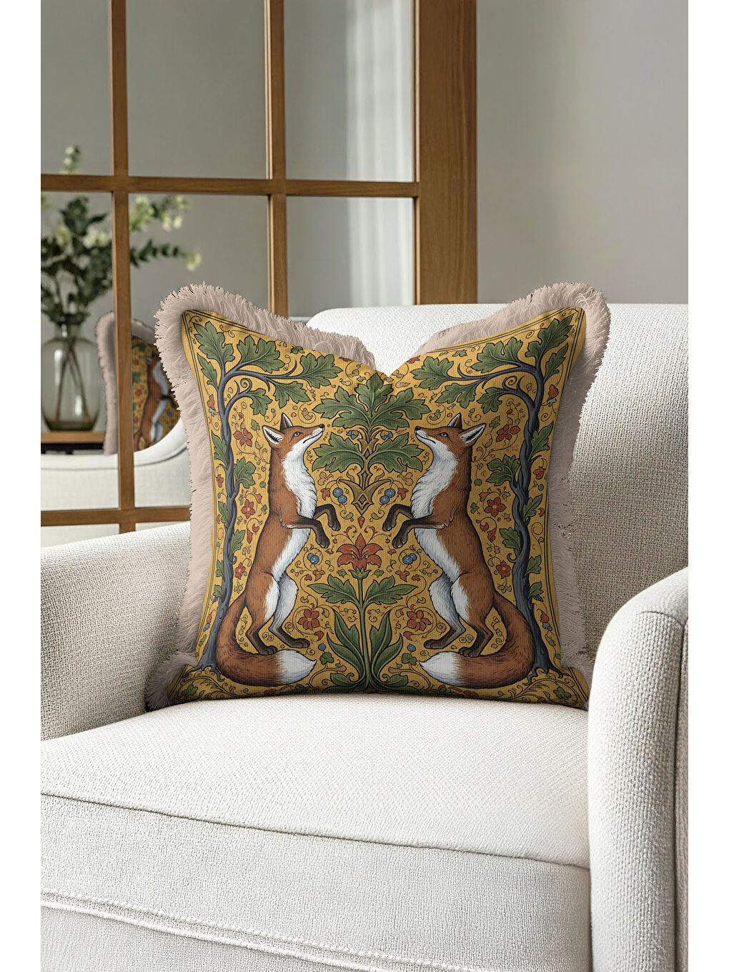 Karışık Vintage Orman Hayvanları Saçaklı Yastık Kılıfı - Bohem Doğal Altın Yeşil Püsküllü Kırlent Kılıfı