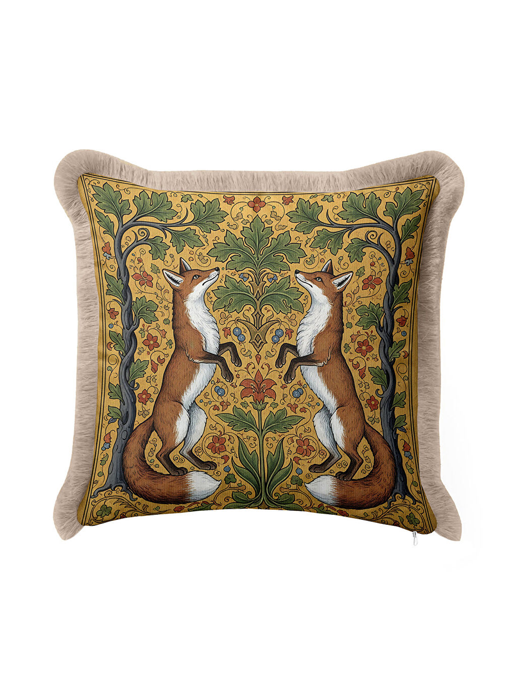 Karışık Vintage Orman Hayvanları Saçaklı Yastık Kılıfı - Bohem Doğal Altın Yeşil Püsküllü Kırlent Kılıfı-1