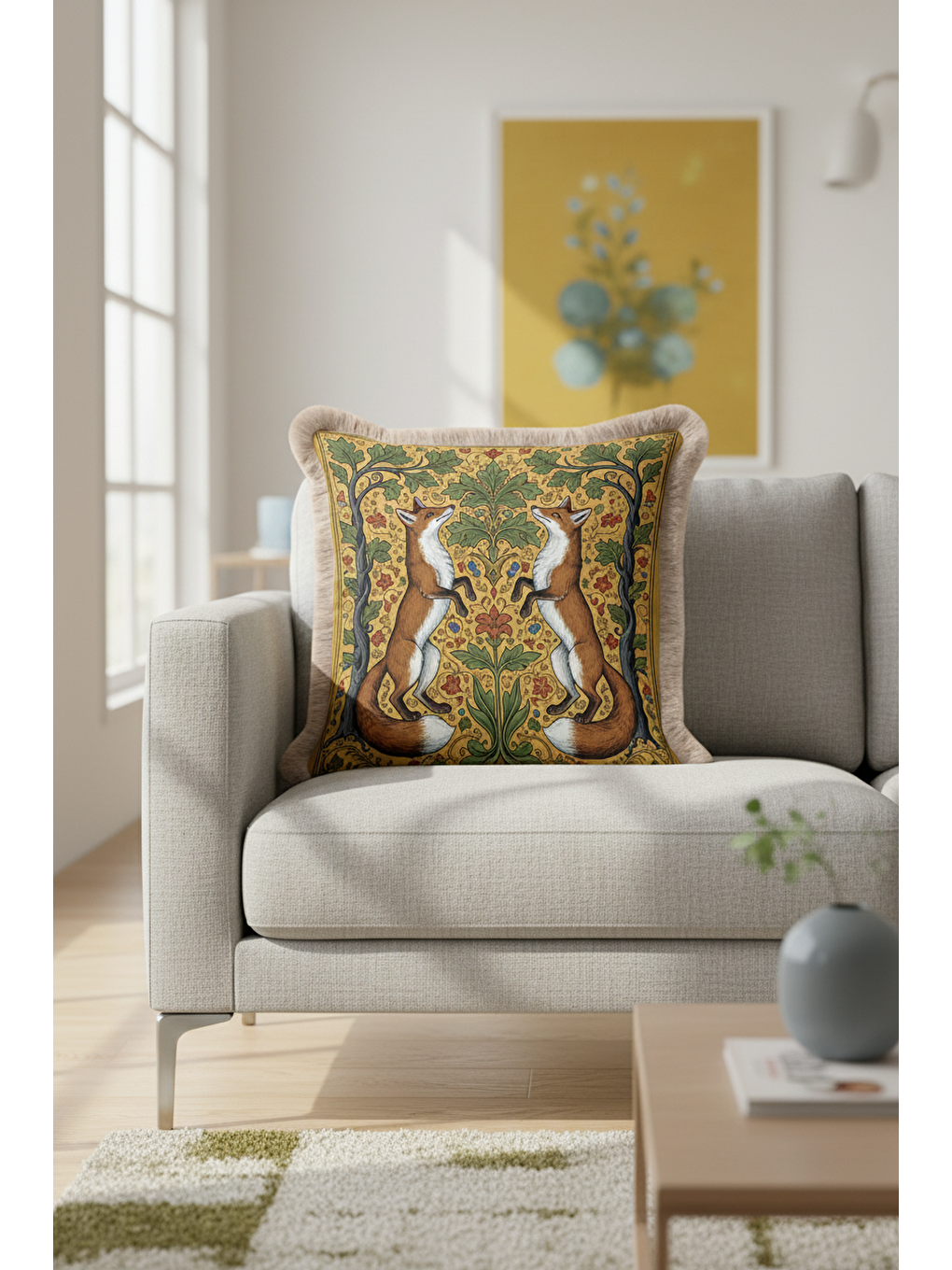 Karışık Vintage Orman Hayvanları Saçaklı Yastık Kılıfı - Bohem Doğal Altın Yeşil Püsküllü Kırlent Kılıfı-2