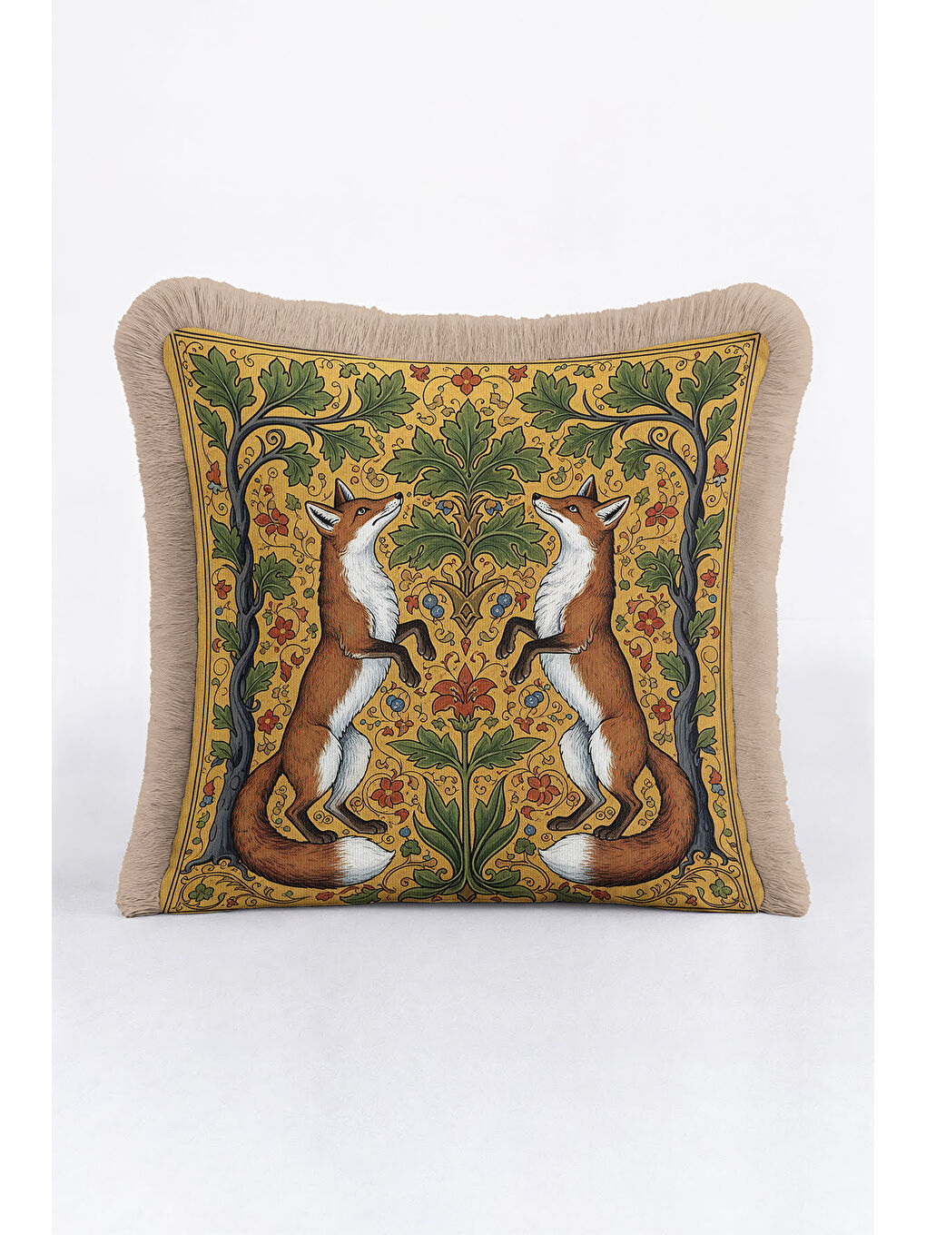 Karışık Vintage Orman Hayvanları Saçaklı Yastık Kılıfı - Bohem Doğal Altın Yeşil Püsküllü Kırlent Kılıfı-3