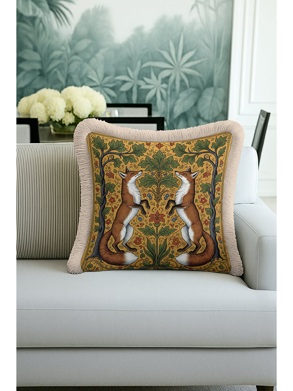 Karışık Vintage Orman Hayvanları Saçaklı Yastık Kılıfı - Bohem Doğal Altın Yeşil Püsküllü Kırlent Kılıfı-4