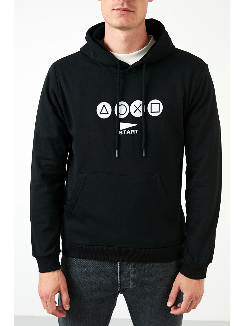 Siyah Slim Fit Baskılı Kanguru Cepli Kapüşonlu Sweat 5896593-4