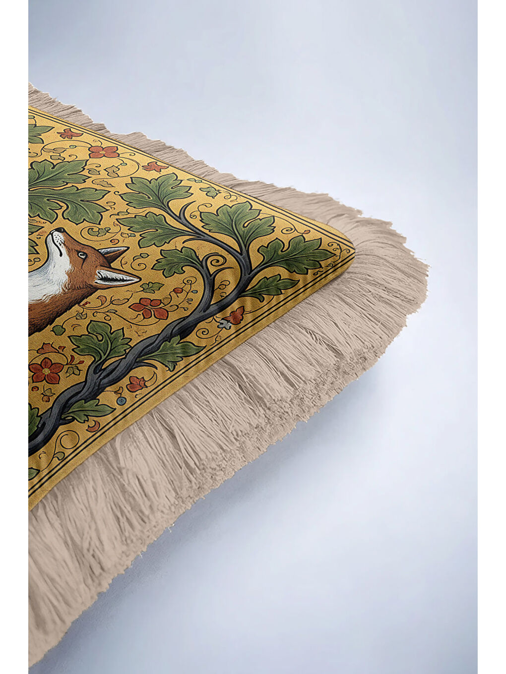 Karışık Vintage Orman Hayvanları Saçaklı Yastık Kılıfı - Bohem Doğal Altın Yeşil Püsküllü Kırlent Kılıfı-6