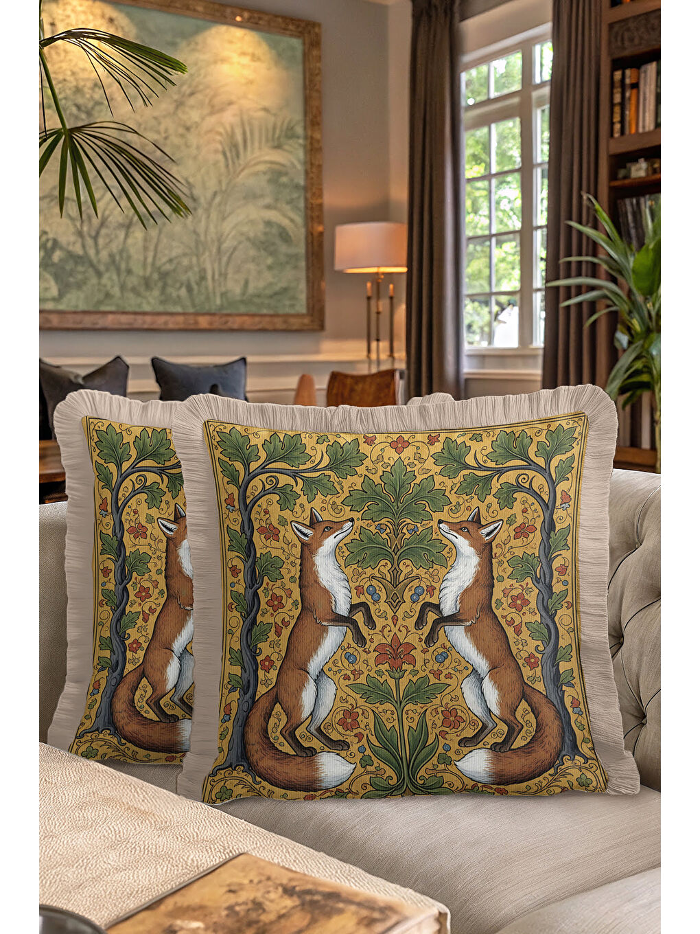 Karışık Vintage Orman Hayvanları Saçaklı Yastık Kılıfı - Bohem Doğal Altın Yeşil Püsküllü Kırlent Kılıfı-7