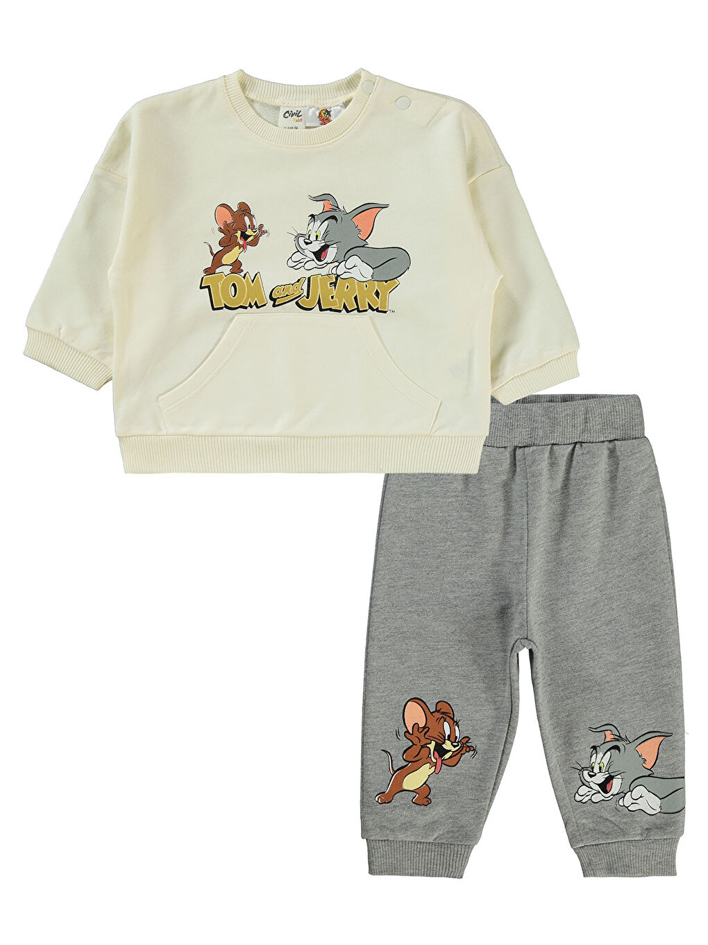 Tom and Jerry Erkek Bebek Takım 6-18 Ay Ekru-Gri