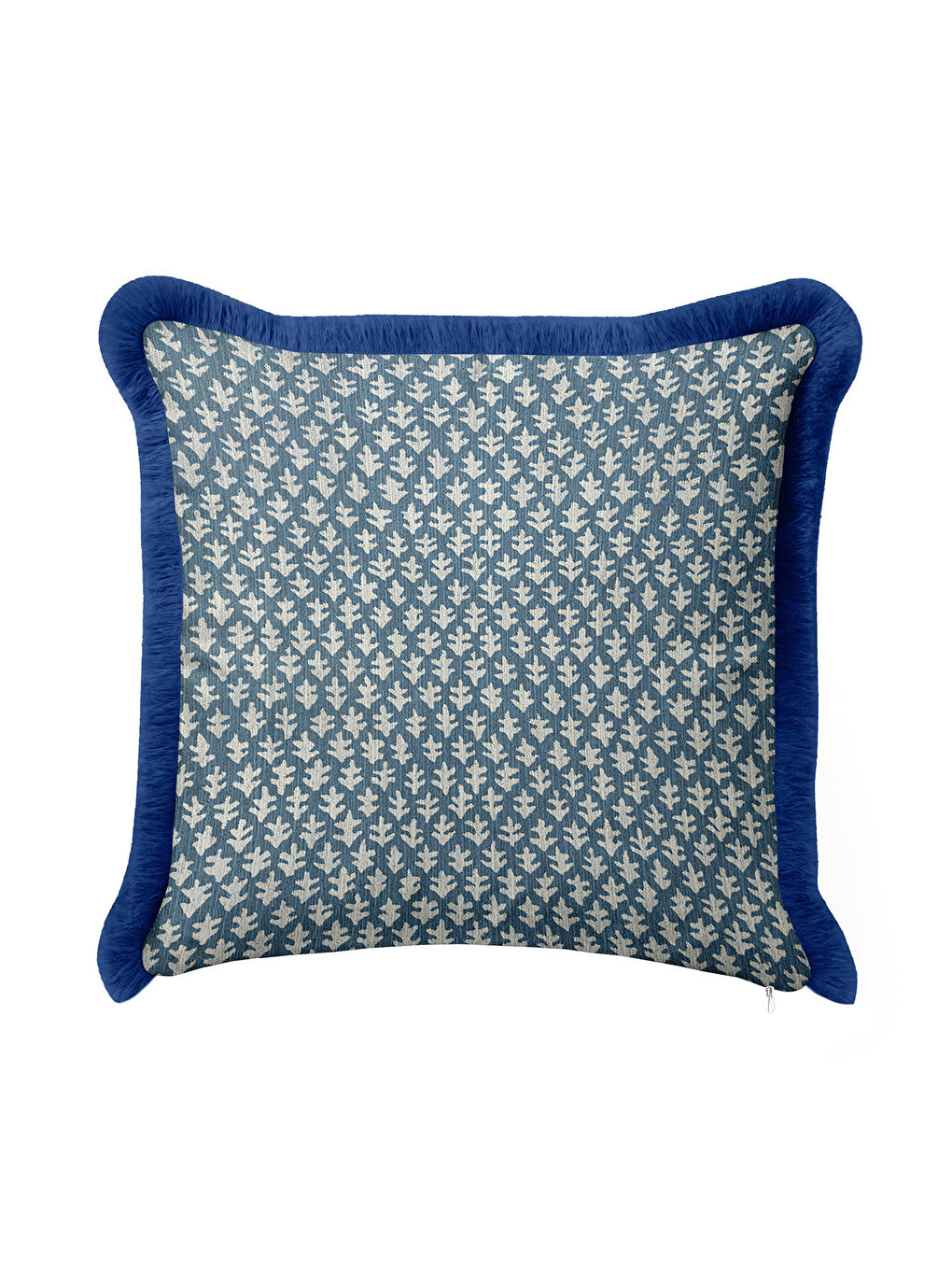 Karışık Naturel Yaprak Motifli Saçaklı Yastık Kılıfı - Zarif İskandinav Mavi Kenarlı Püsküllü Kırlent Kılıfı-3