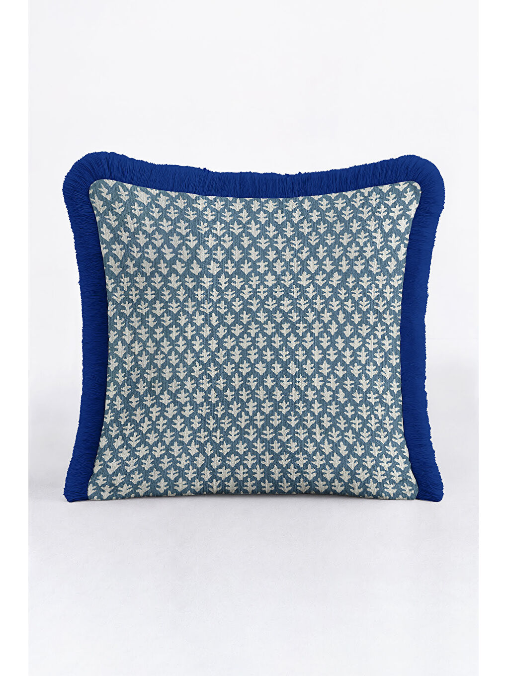 Karışık Naturel Yaprak Motifli Saçaklı Yastık Kılıfı - Zarif İskandinav Mavi Kenarlı Püsküllü Kırlent Kılıfı-4