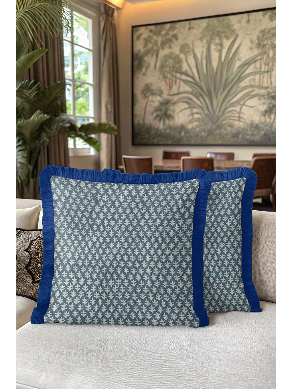 Karışık Naturel Yaprak Motifli Saçaklı Yastık Kılıfı - Zarif İskandinav Mavi Kenarlı Püsküllü Kırlent Kılıfı-5