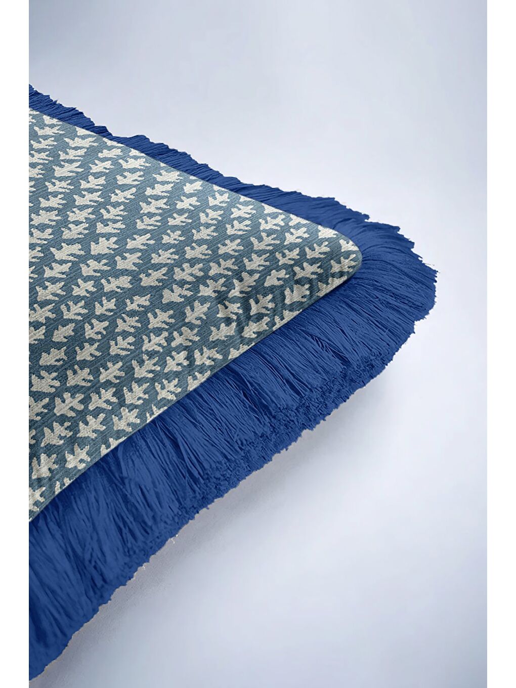 Karışık Naturel Yaprak Motifli Saçaklı Yastık Kılıfı - Zarif İskandinav Mavi Kenarlı Püsküllü Kırlent Kılıfı-6