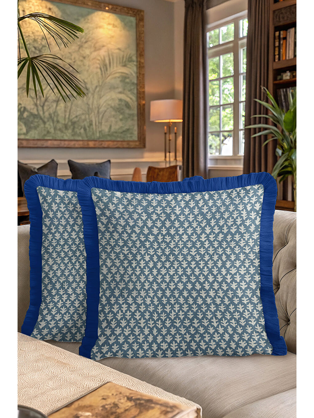 Karışık Naturel Yaprak Motifli Saçaklı Yastık Kılıfı - Zarif İskandinav Mavi Kenarlı Püsküllü Kırlent Kılıfı-7