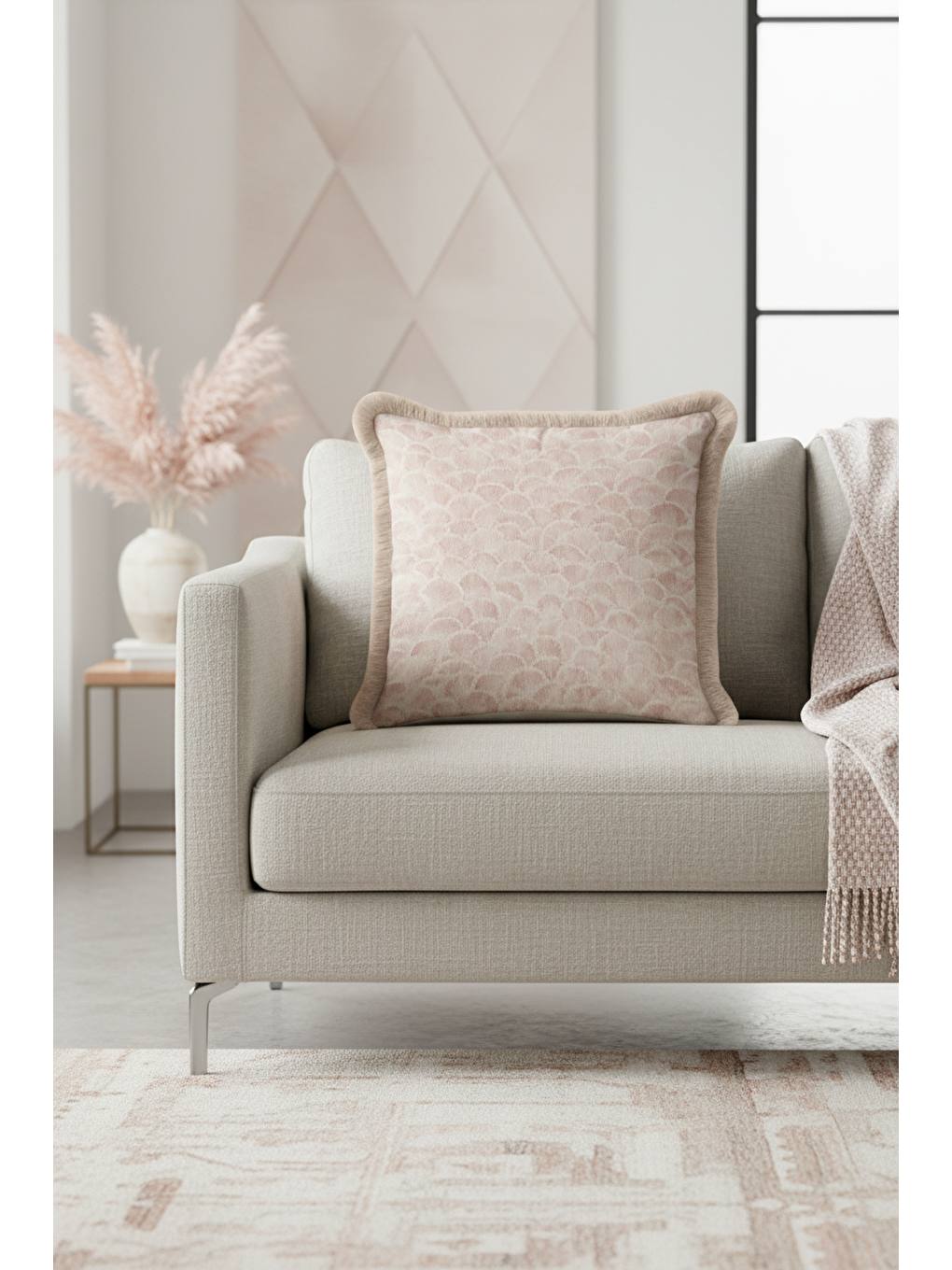 Karışık Art Deco Lüks Saçaklı Yastık Kılıfı - Zarif Pembe Modern Bej Püsküllü Kırlent Kılıfı-3