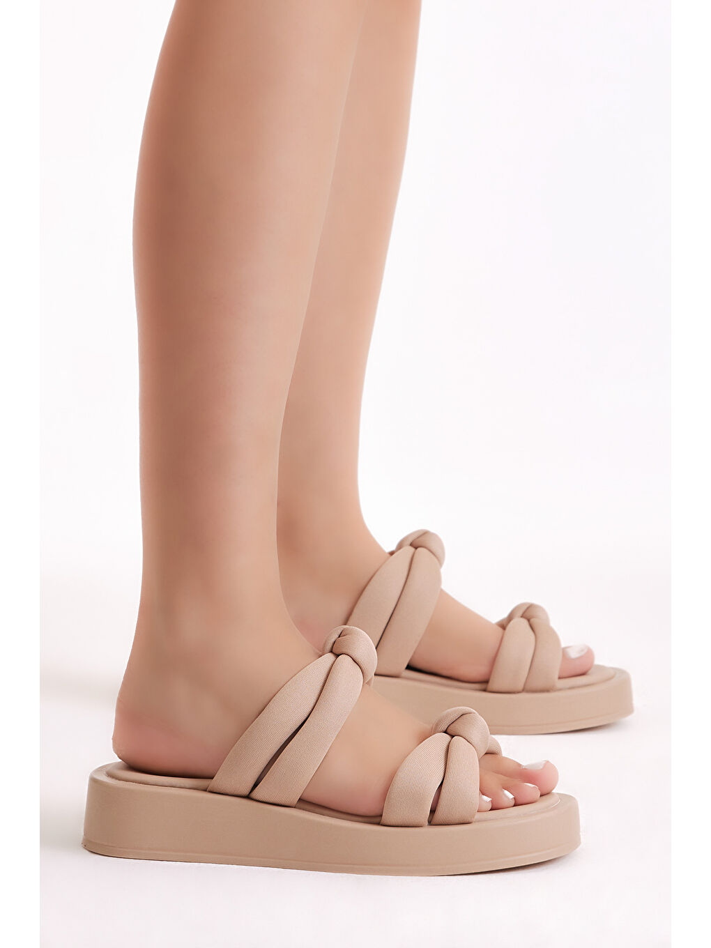 Ekru Kadın Krem Paraşüt Kumaş Çift Bantlı Yüksek Taban Terlik