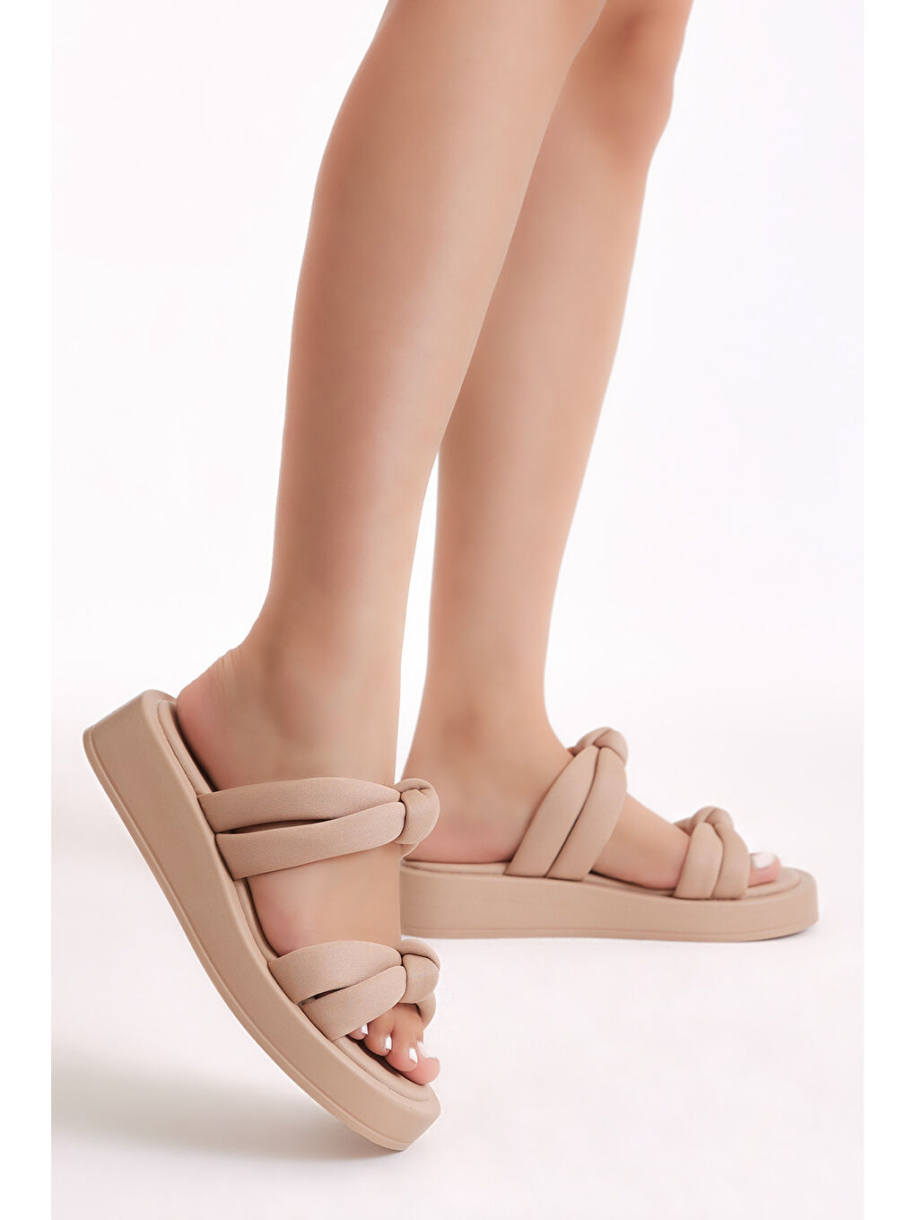 Ekru Kadın Krem Paraşüt Kumaş Çift Bantlı Yüksek Taban Terlik-1