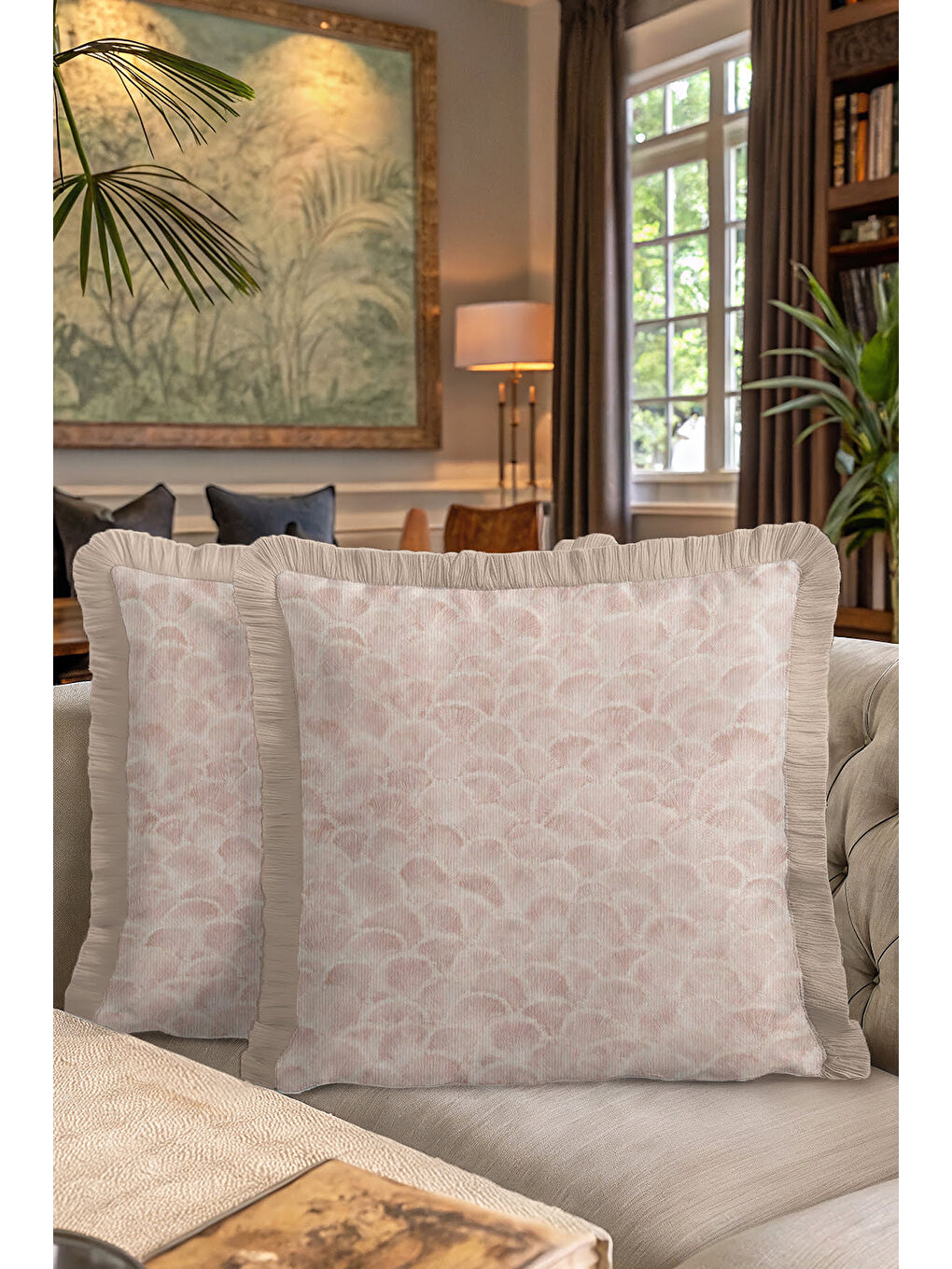 Karışık Art Deco Lüks Saçaklı Yastık Kılıfı - Zarif Pembe Modern Bej Püsküllü Kırlent Kılıfı-7