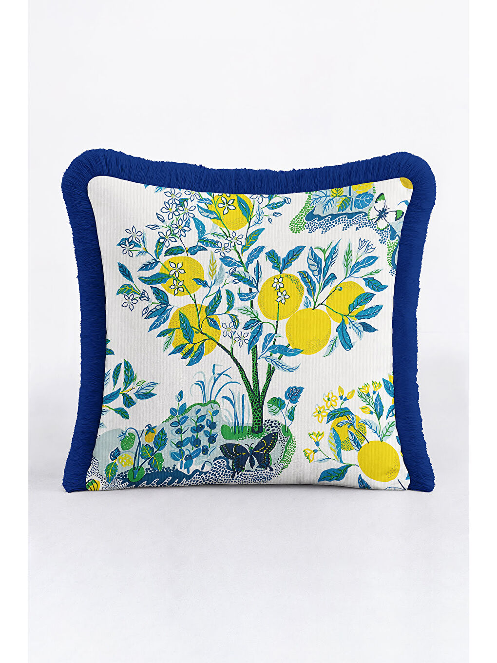 Karışık Limon Ağaçları Saçaklı Yastık Kılıfı - Akdeniz Bahçe Country Mavi Yeşil Püsküllü Kırlent Kılıfı-1