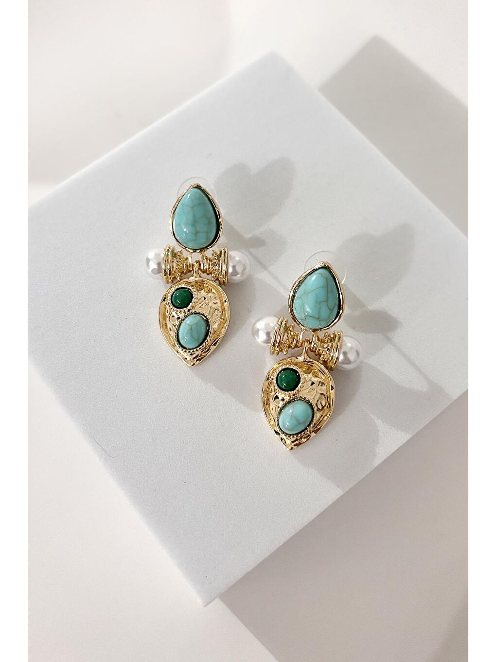 Sarı Turkuaz Taşlı Gold Etnik Görünüm Küpe-2