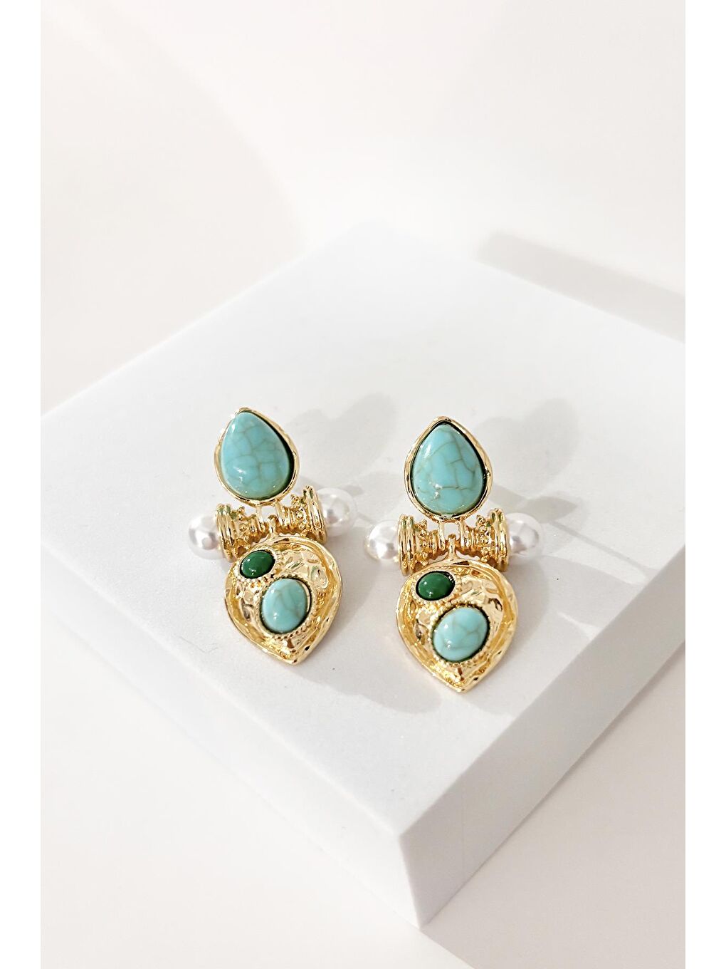 Sarı Turkuaz Taşlı Gold Etnik Görünüm Küpe-5