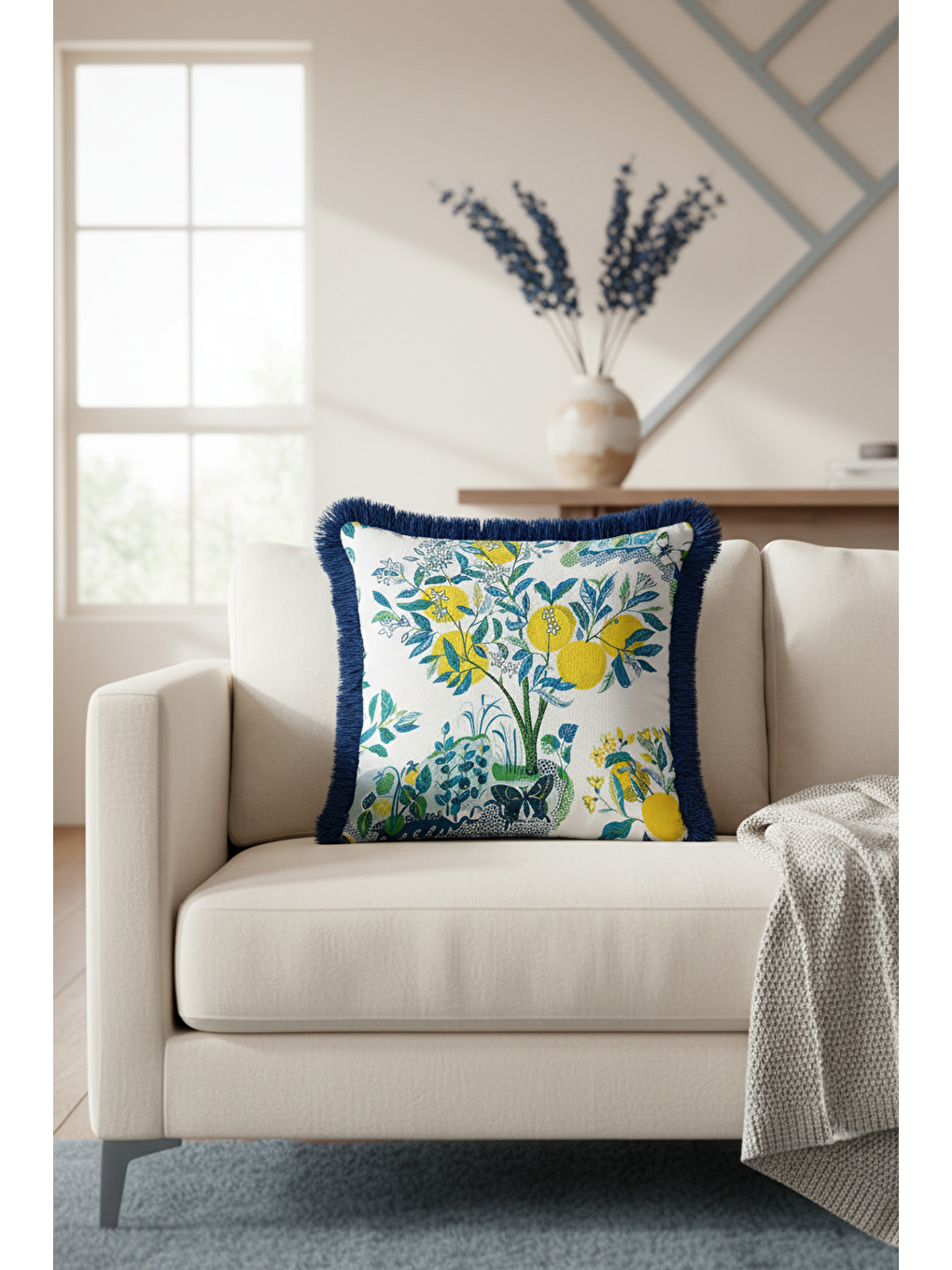 Karışık Limon Ağaçları Saçaklı Yastık Kılıfı - Akdeniz Bahçe Country Mavi Yeşil Püsküllü Kırlent Kılıfı-2