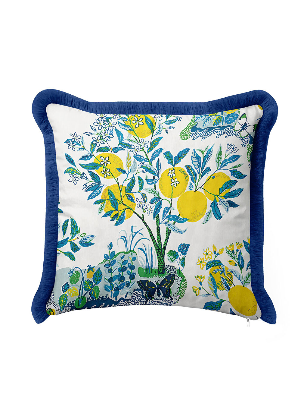 Karışık Limon Ağaçları Saçaklı Yastık Kılıfı - Akdeniz Bahçe Country Mavi Yeşil Püsküllü Kırlent Kılıfı-3