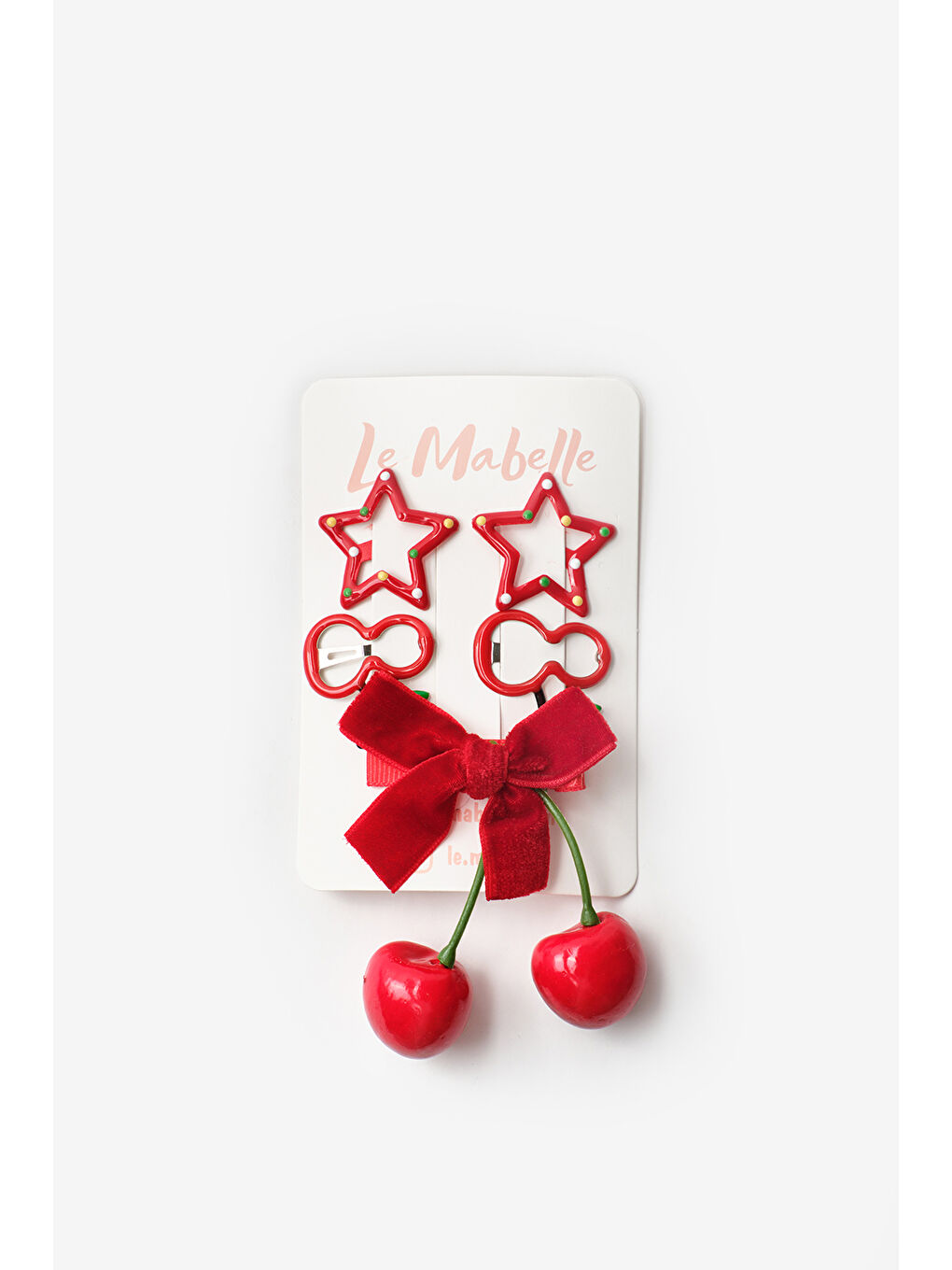 Kırmızı Kadife Fiyonklu Kiraz Detaylı Kız Çocuk 5'li Toka Set