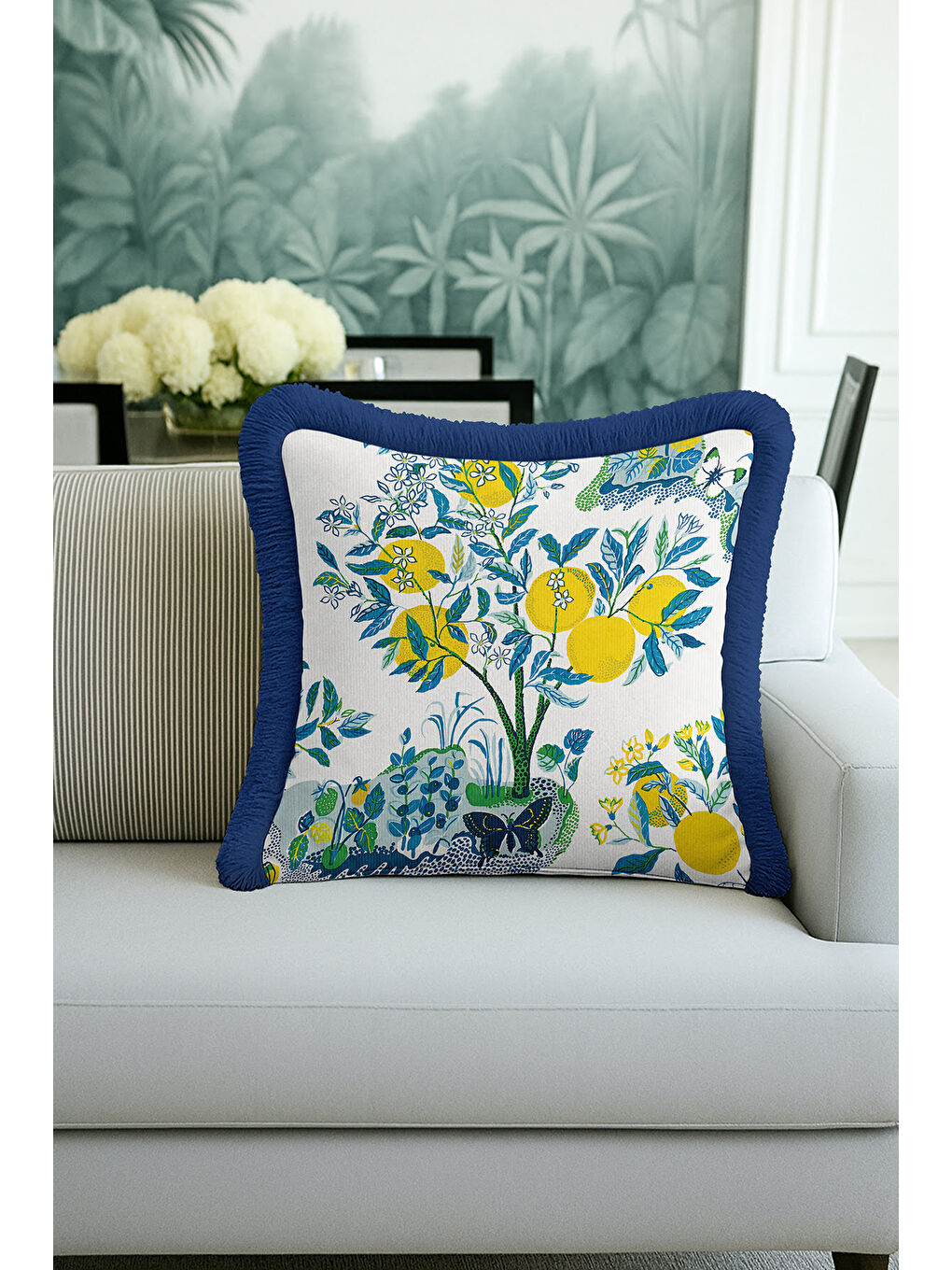 Karışık Limon Ağaçları Saçaklı Yastık Kılıfı - Akdeniz Bahçe Country Mavi Yeşil Püsküllü Kırlent Kılıfı-4