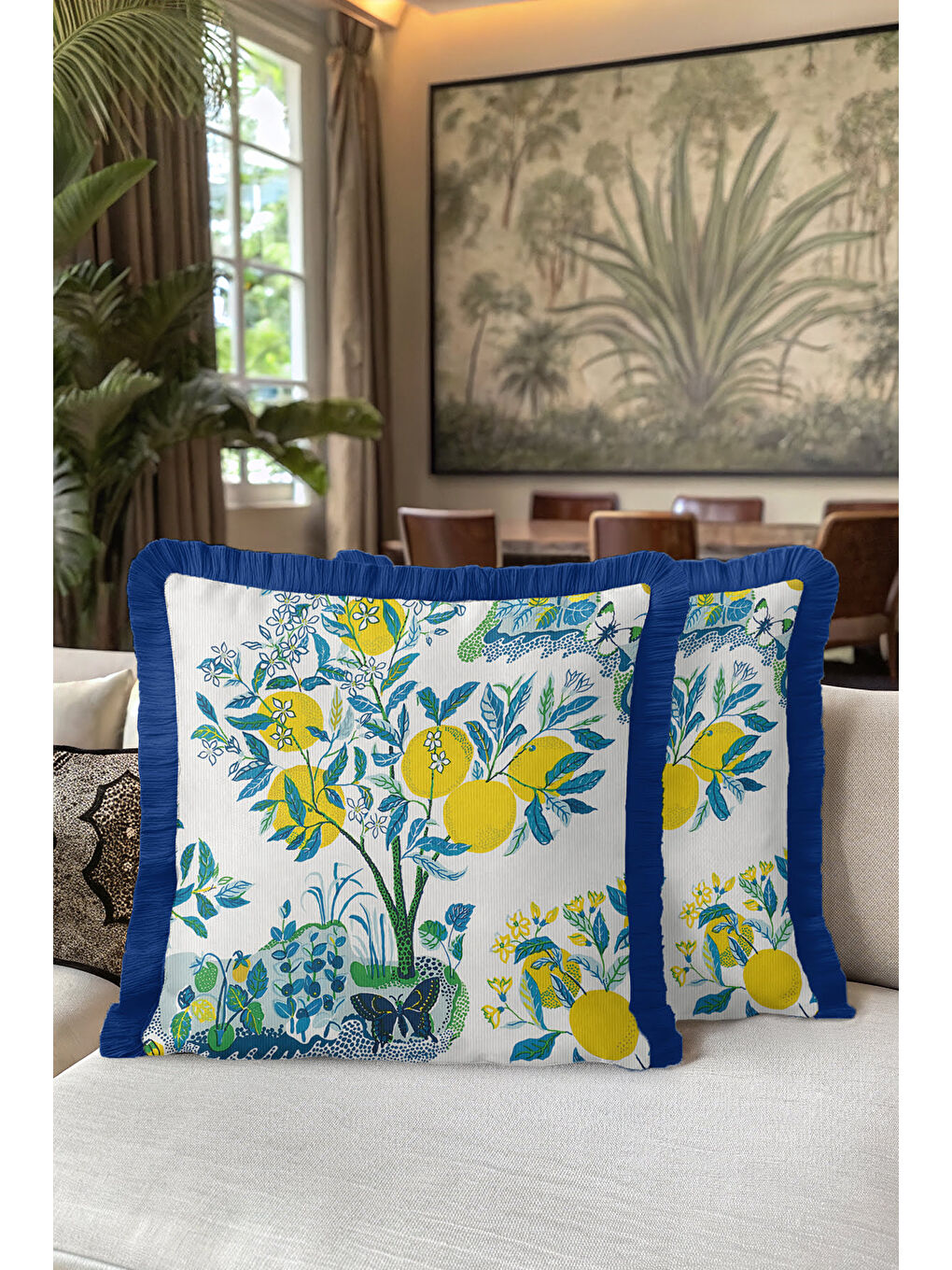 Karışık Limon Ağaçları Saçaklı Yastık Kılıfı - Akdeniz Bahçe Country Mavi Yeşil Püsküllü Kırlent Kılıfı-5