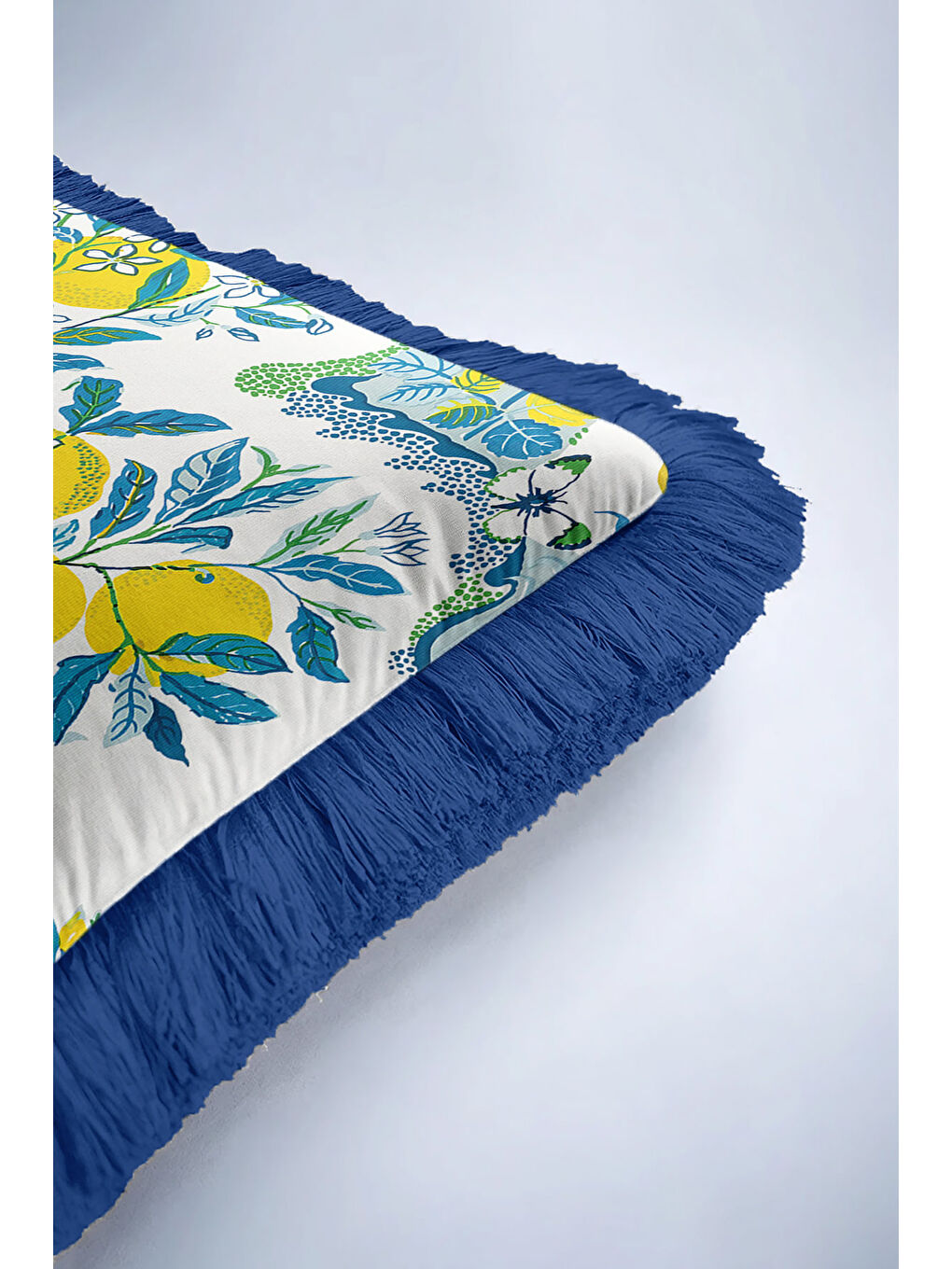 Karışık Limon Ağaçları Saçaklı Yastık Kılıfı - Akdeniz Bahçe Country Mavi Yeşil Püsküllü Kırlent Kılıfı-6