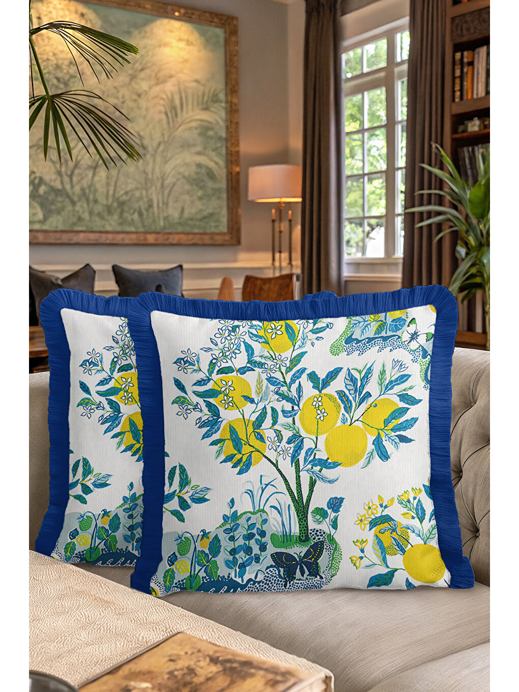 Karışık Limon Ağaçları Saçaklı Yastık Kılıfı - Akdeniz Bahçe Country Mavi Yeşil Püsküllü Kırlent Kılıfı-7