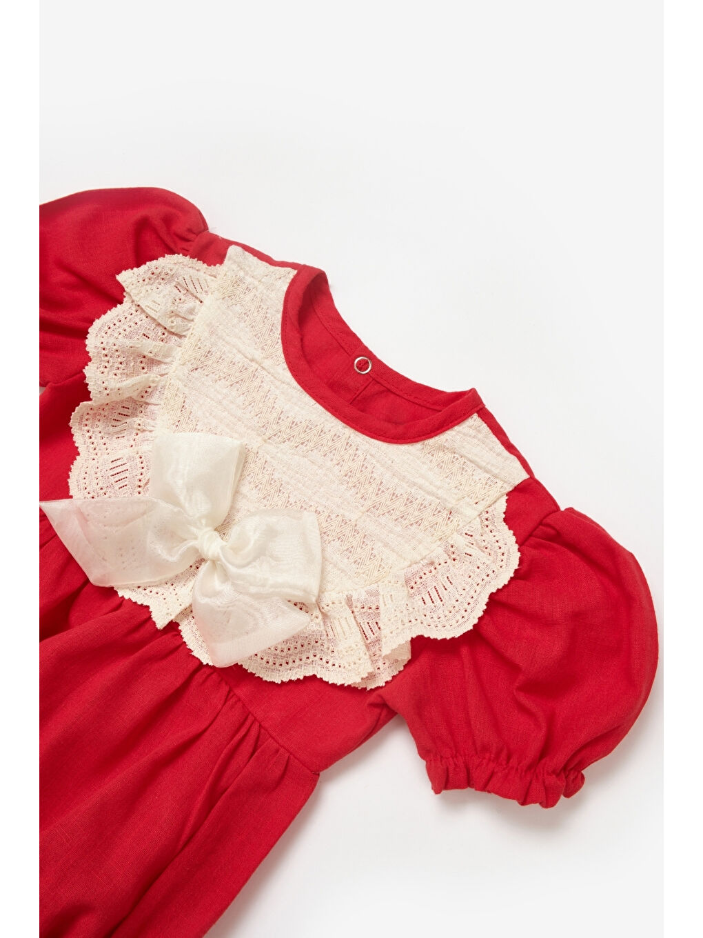 Kırmızı  Kısa Kollu Fisto Detaylı Fiyonklu Kız Bebek Romper  Tulum- Sarah-2
