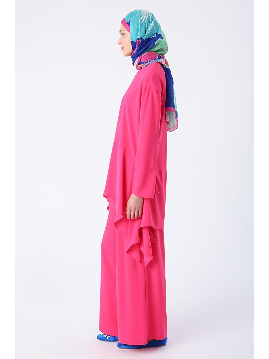 Pembe-Asimetrik Kesim Tunikli Bol Paça Pantolonlu Takım-2
