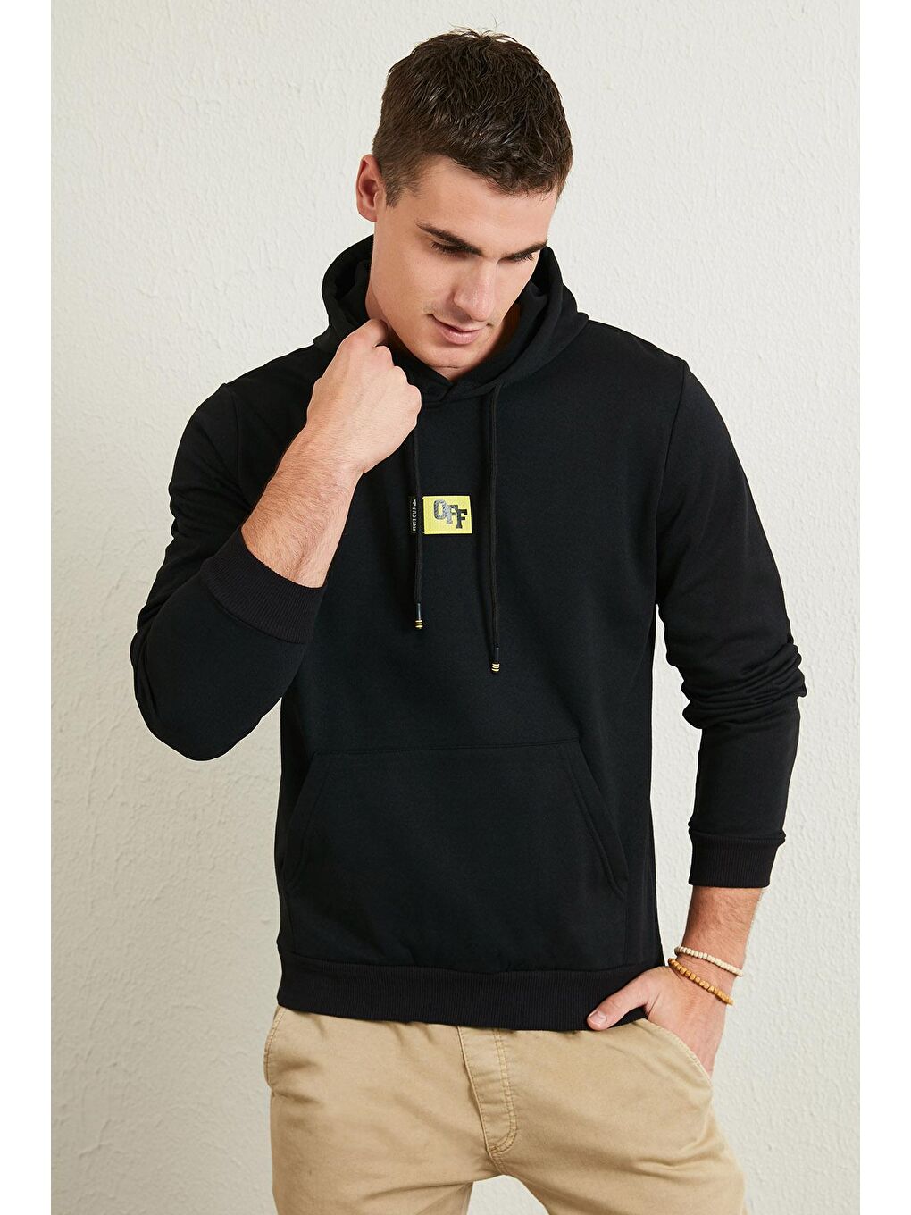 Siyah Slim Fit Kanguru Cepli Kapüşonlu Şardonlu Kışlık Sweat 5896589