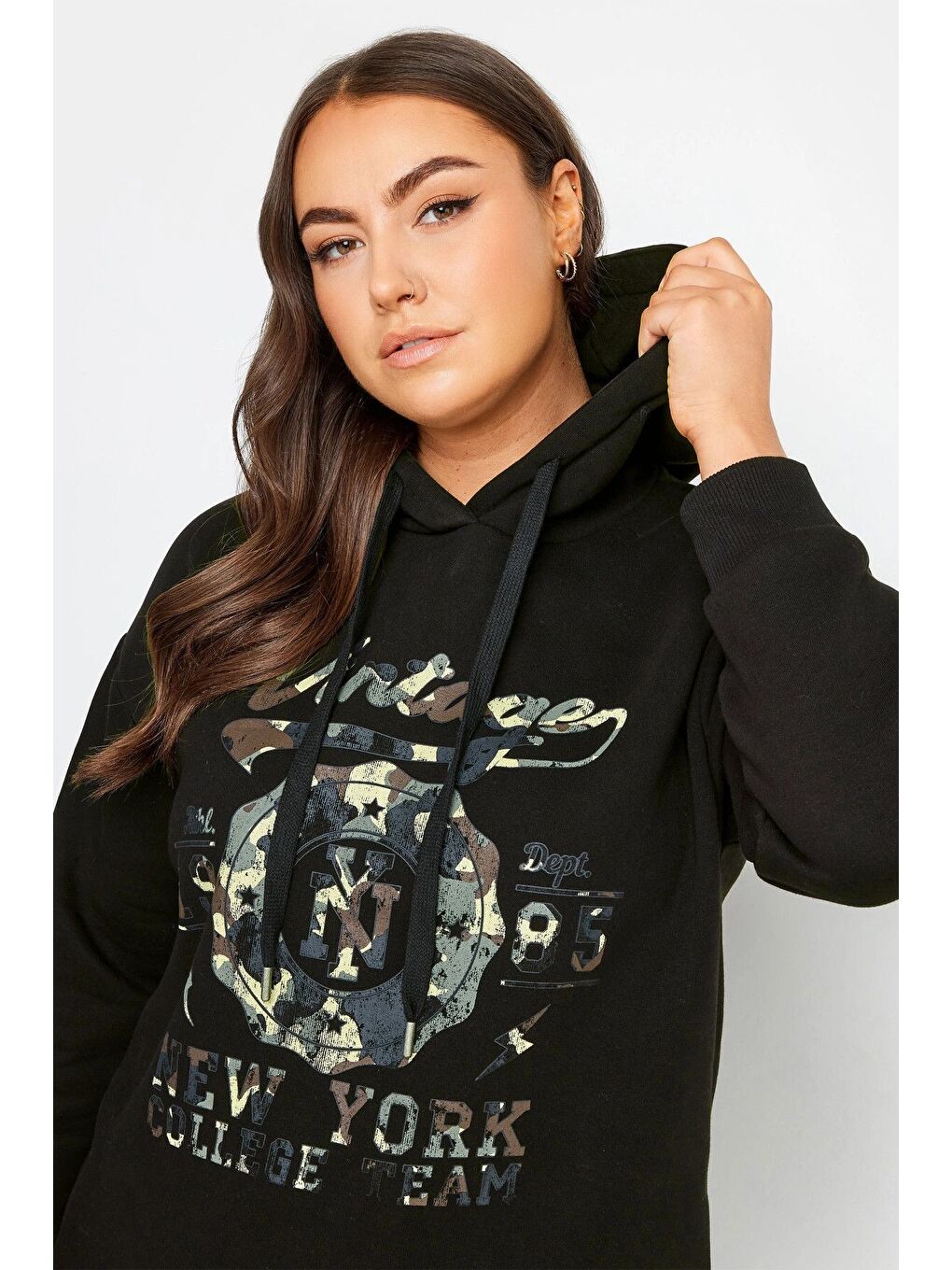 Siyah Büyük Beden Uzun Kollu Kapüşonlu Önü Yazı Baskılı Sweatshirt 302835-3