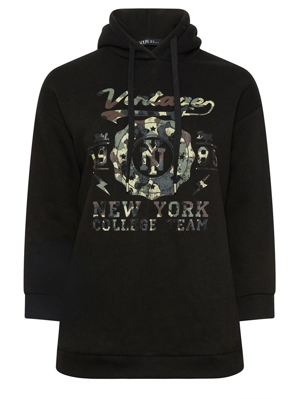 Siyah Büyük Beden Uzun Kollu Kapüşonlu Önü Yazı Baskılı Sweatshirt 302835-5