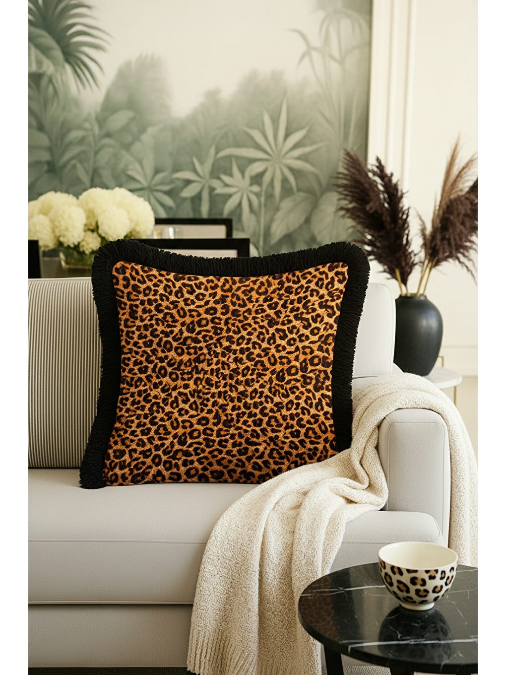 Karışık Lüks Leopar Saçaklı Yastık Kılıfı - Vahşi Bohem Siyah Altın Renkli Püsküllü Kırlent Kılıfı-1